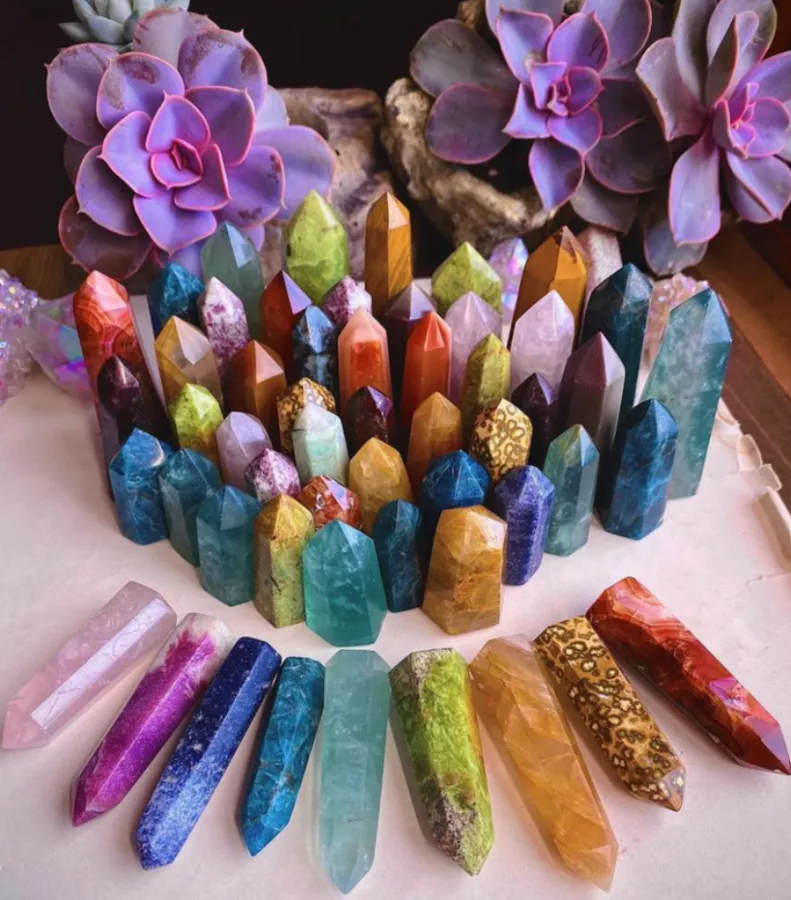 Healing crystal towers and points in amethyst, fluorite, rose quartz and jasper