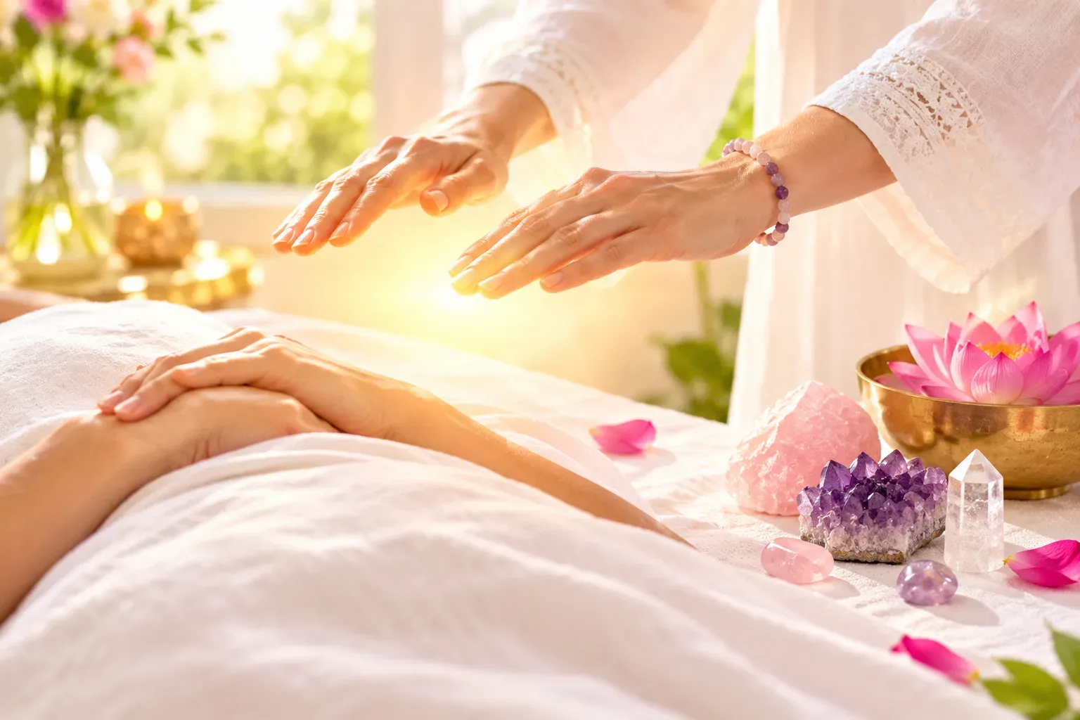 Reiki healing session near Panvel with rose quartz and amethyst